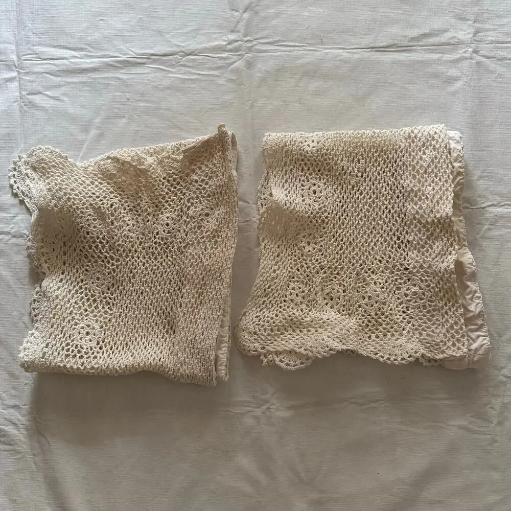 Pair Crochet Cotton Valances 10x56 Scallops Medallions Cottage Country Farmhouse